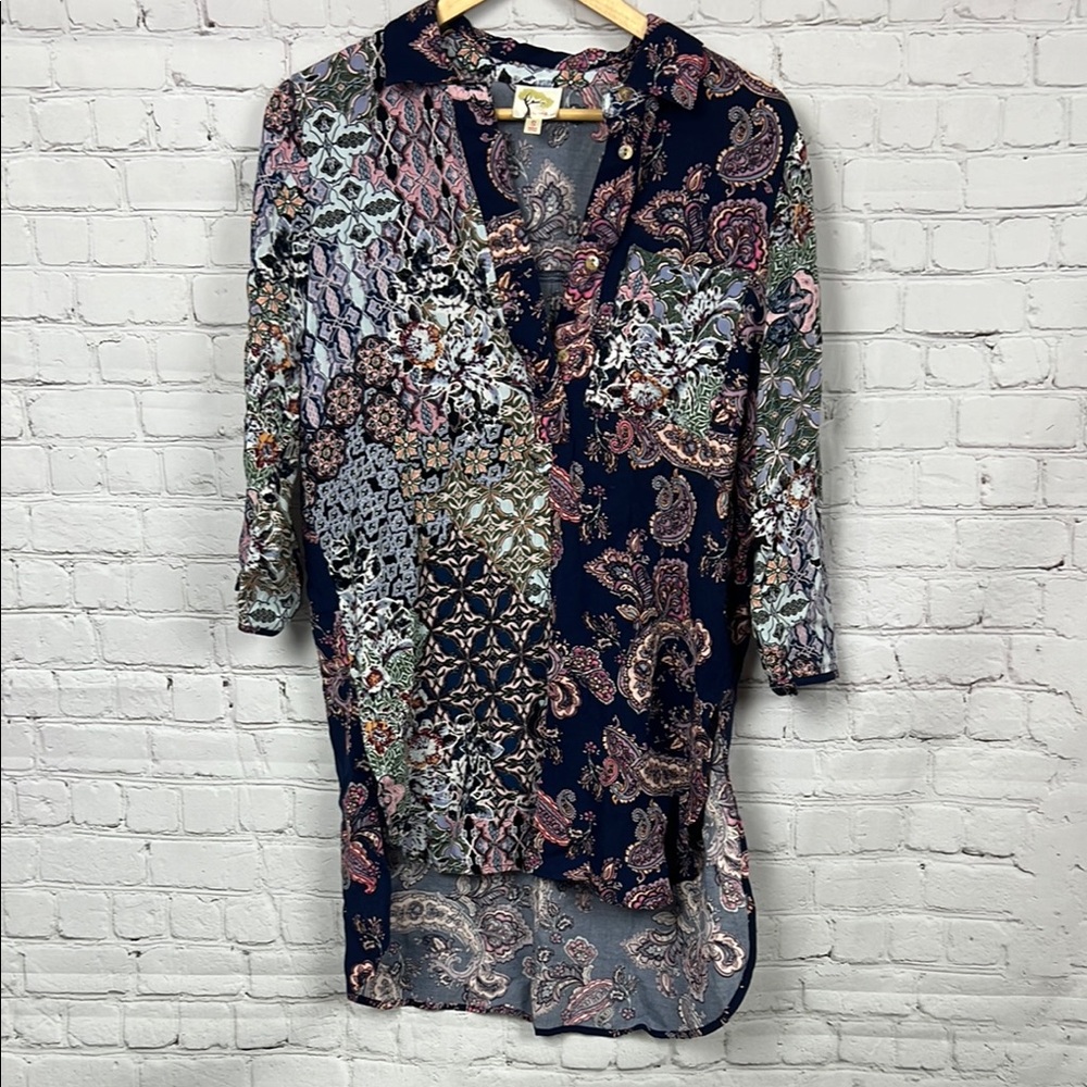 Fig and Flower Boho Paisley Patchwork Tunic Blouse Navy Blue Pink Small